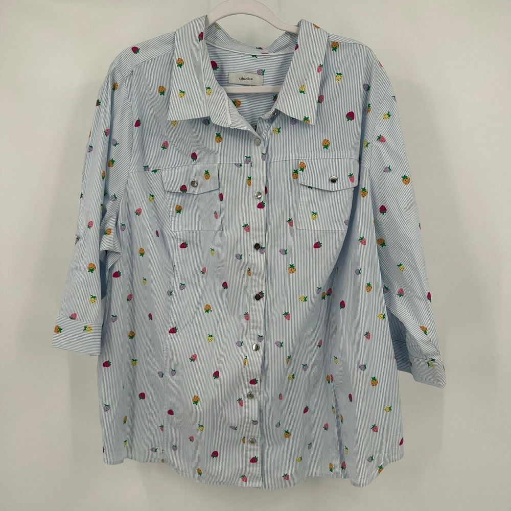Womens Whimsical Pinstripe Fruit Print Button Up Shirt Size 3X Strawberry Picnic